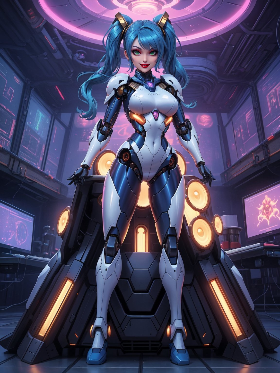 Masterpiece in 4K quality, featuring the Super Metroid style with a futuristic fusion of mecha musume. | A beautiful woman with a robotic body, clad in an all-white mecha musume suit adorned with small blue areas and circular golden lights. Her blue hair, with abundant bangs covering the right eye, two pigtails, and disheveled, adds a unique touch to her appearance. The expression of pure joy reflects directly to the viewer as she adopts a sensual pose, leaning back in a dynamic way and reclining on a large structure in the scene. | Inside an ultra-technological aircraft, the setting is filled with machines, computers, futuristic structures, and Super Metroid-style monitors. The camera is very close, focusing on her entire body, revealing every detail of the cybernetic armor and puppet-like limbs. | She is immersed in her environment, interacting with enthusiasm as she sensually leans on the structure, providing a dynamic and exciting scene. | She is adopting a ((sensual pose as interacts, boldly leaning on a large structure in the scene, leaning back in a sensual way, adding a unique touch to the scene.):1.3), ((full body image)), perfect hand, fingers, hand, perfect, better_hands, Big, More Detail.