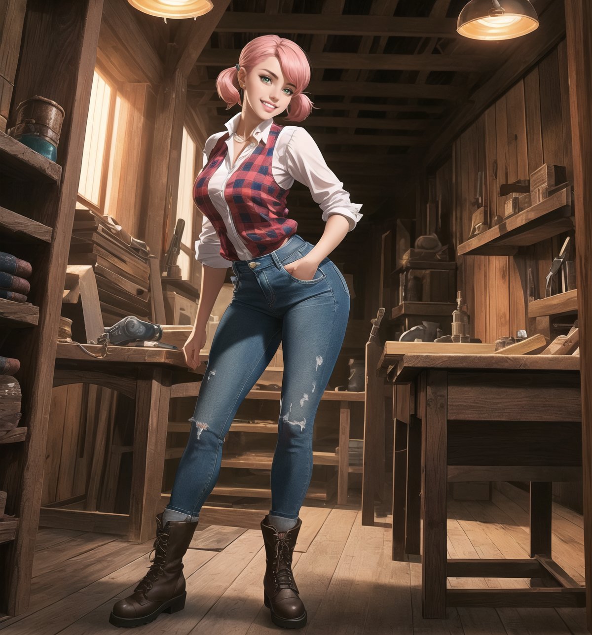 A razor-sharp 4K masterpiece with a realistic, futuristic style, rendered in ultra-high resolution with graphic detail. | A young 26-year-old woman, with short pink hair and two long pigtails, is dressed in a carpenter's outfit, consisting of a red and black checked shirt, jeans, work boots and a reflective vest with luminous clips. She has green eyes, she is looking at the viewer, while ((smiles, showing her teeth)). She finds herself in a carpentry shop, surrounded by wooden structures, metal structures and work tools. Light from spotlights and work lamps illuminate the room, creating dramatic shadows and highlighting details in the scene. | The image highlights the woman's figure, her clothes and accessories, as well as the carpentry elements around her. The details of the tools, wood and metal add realism to the image. | Soft, moody lighting effects create a tense, energetic atmosphere, while detailed textures on skin and fabrics add realism to the image. | A vibrant, futuristic scene of a young female carpenter in her workplace, exploring themes of strength, skill and female empowerment. | (((((The image reveals a full-body shot as she strikes a sensual pose, engagingly leaning against a structure within the scene in a thrilling manner. As she leans back, she assumes a sensual pose, leaning against the structure and reclining in an exciting way.))))). | ((full-body shot)), ((perfect pose)), ((perfect fingers, better hands, perfect hands)), ((perfect legs, perfect feet)), ((huge breasts)), ((perfect design)), ((perfect composition)), ((very detailed scene, very detailed background, perfect layout, correct imperfections)), More Detail, Enhance