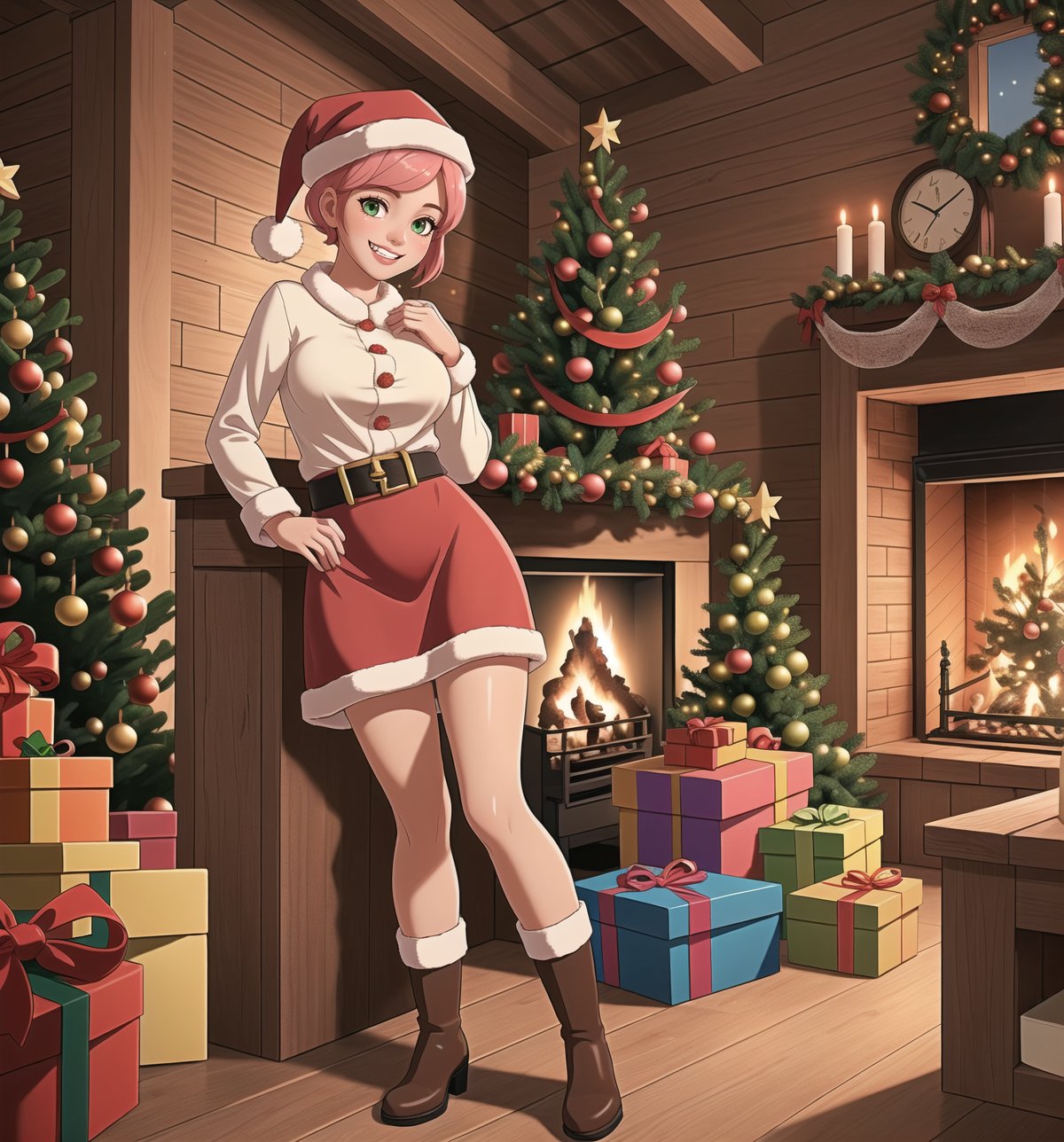 A razor-sharp 4K masterpiece with a warm, realistic style, rendered in ultra-high resolution with graphic detail. | A young 24-year-old woman, with short pink hair and two long pigtails, is dressed in a Santa Claus costume, consisting of a red blouse with white details, a red skirt, red and white striped socks, black boots and a hat Santa Claus with luminous clips. She has green eyes, she is looking at the viewer, while ((smiles, showing her teeth)). She finds herself inside a cozy wooden house, with wooden structures, a chimney, comfortable furniture and a beautiful decorated Christmas tree. The warm light of the fireplace and the twinkling lights of the Christmas tree create a cozy and festive atmosphere, highlighting the details of the scene. | The image highlights the woman's figure, her clothes and accessories, as well as the elements of the wooden house around her. The details of the wood, chimney, furniture and decorations add realism to the image. | Soft, warm lighting effects create a cozy, Christmas-spirited atmosphere, while detailed textures on fur and fabrics add realism to the image. | A warm and festive scene of a young woman as Santa Claus in a wooden house, exploring themes of comfort, joy and Christmas spirit. | (((((The image reveals a full-body shot as she strikes a sensual pose, engagingly leaning against a structure within the scene in a thrilling manner. As she leans back, she assumes a sensual pose, leaning against the structure and reclining in an exciting way.))))). | ((full-body shot)), ((perfect pose)), ((perfect fingers, better hands, perfect hands)), ((perfect legs, perfect feet)), ((huge breasts)), ((perfect design)), ((perfect composition)), ((very detailed scene, very detailed background, perfect layout, correct imperfections)), More Detail, Enhance