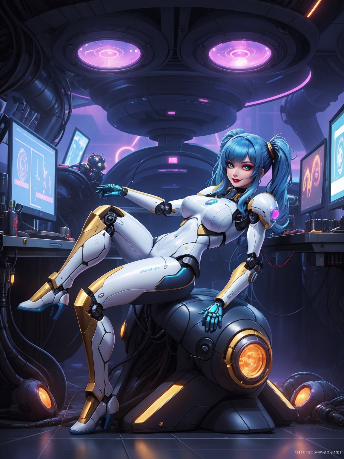 Masterpiece in 4K quality, featuring the Super Metroid style with a futuristic fusion of mecha musume. | A beautiful woman with a robotic body, clad in an all-white mecha musume suit adorned with small blue areas and circular golden lights. Her blue hair, with abundant bangs covering the right eye, two pigtails, and disheveled, adds a unique touch to her appearance. The expression of pure joy reflects directly to the viewer as she adopts a sensual pose, leaning back in a dynamic way and reclining on a large structure in the scene. | Inside an ultra-technological aircraft, the setting is filled with machines, computers, futuristic structures, and Super Metroid-style monitors. The camera is very close, focusing on her entire body, revealing every detail of the cybernetic armor and puppet-like limbs. | She is immersed in her environment, interacting with enthusiasm as she sensually leans on the structure, providing a dynamic and exciting scene. | She is adopting a ((sensual pose as interacts, boldly leaning on a large structure in the scene, leaning back in a sensual way, adding a unique touch to the scene.):1.3), ((full body image)), perfect hand, fingers, hand, perfect, better_hands, Big, More Detail.