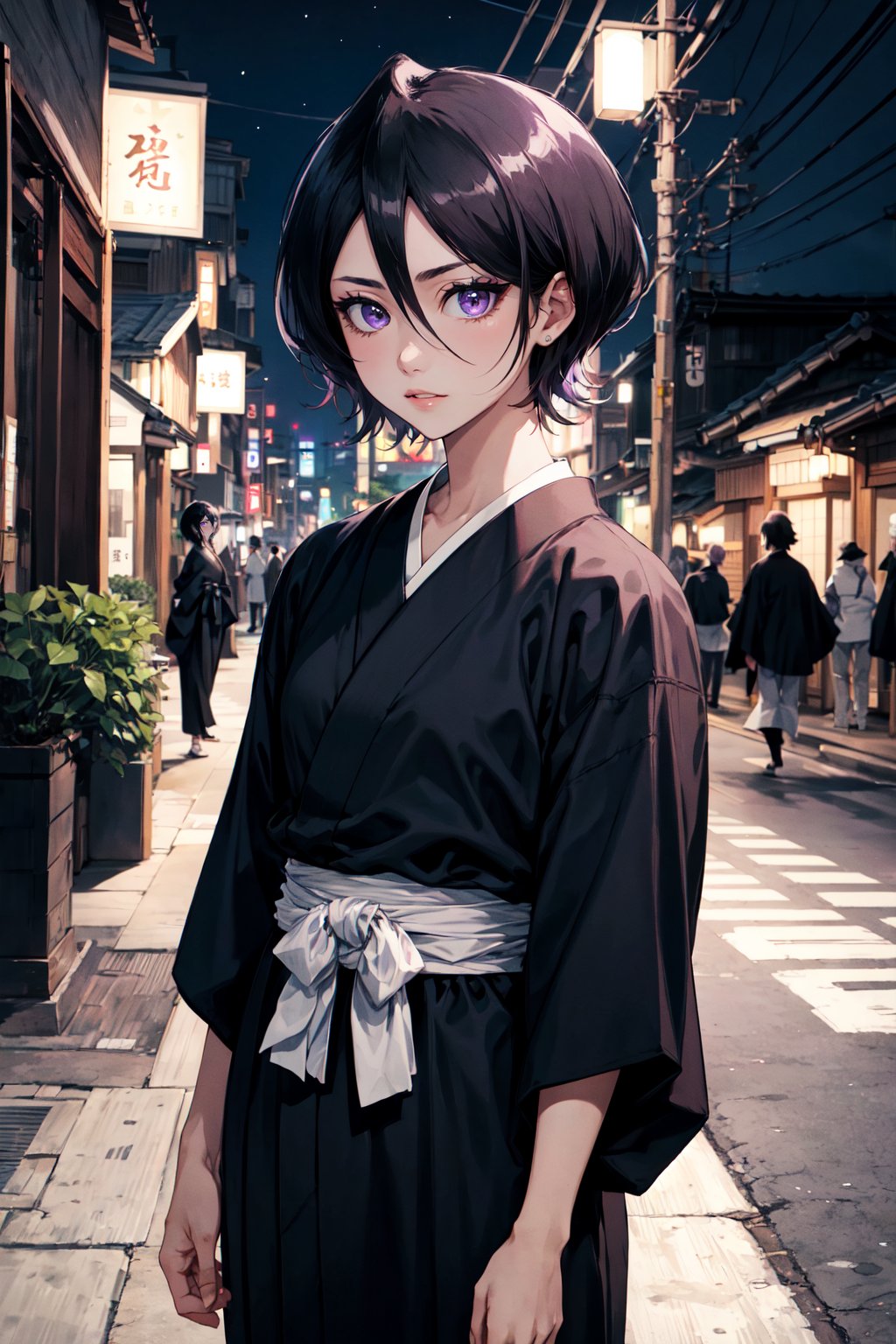 (masterpiece), best quality, high quality, expressive eyes, perfect face, looking at viewer, solo, ((cowboy shot)), mature female, (black kimono), (black hakama), sash, purple eyes, black hair, short hair, hair between eyes, (((night))), japanese architecture, street, kuchiki_rukia, japanese clothes, kimono