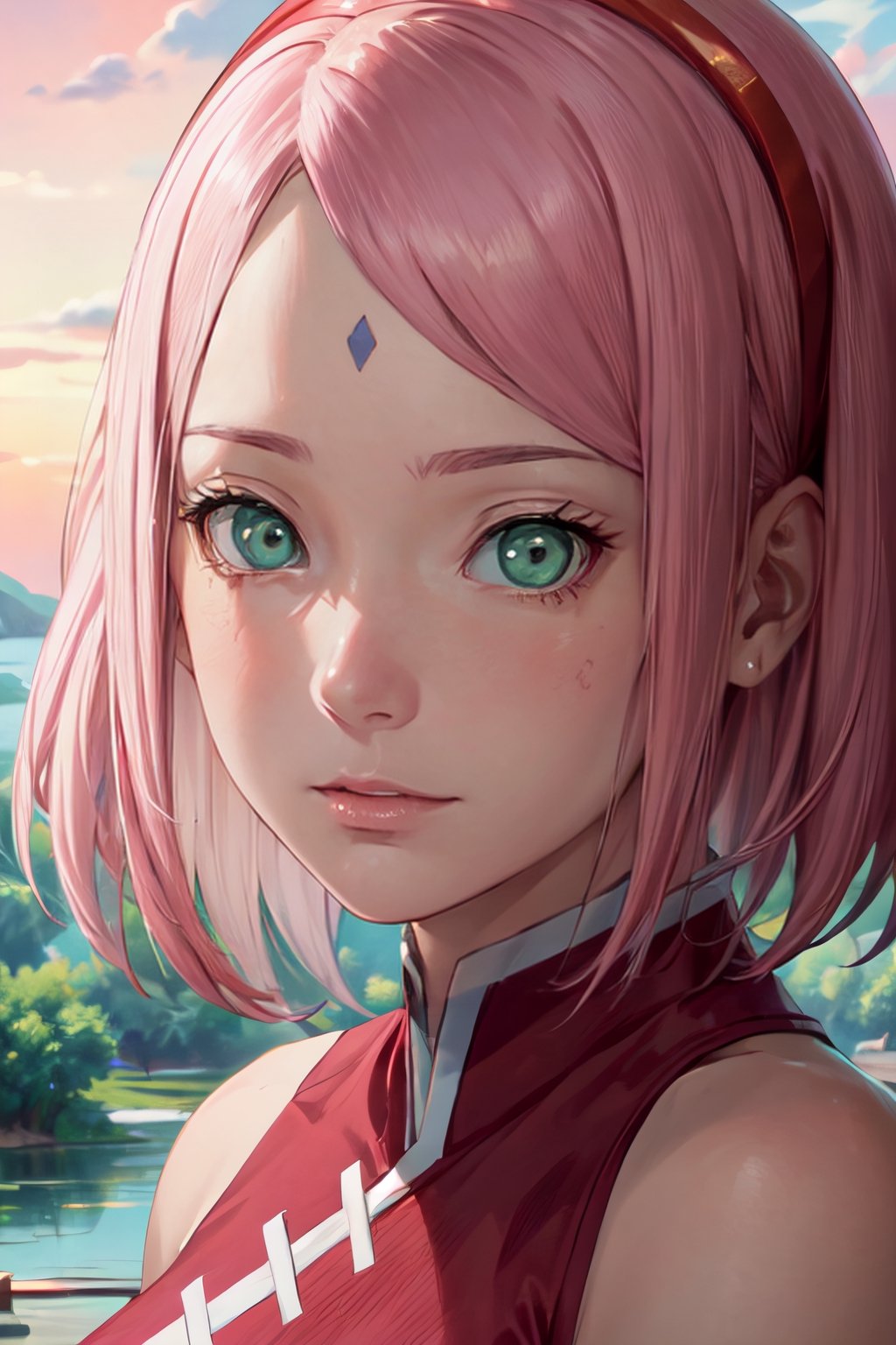 (masterpiece), best quality, expressive eyes, perfect face, looking at viewer, close-up on face, haruno sakura, red sleeveless dress, red hairband, forehead mark,  short hair, pink hair, green eyes, medium breasts, orange sky, lake, 