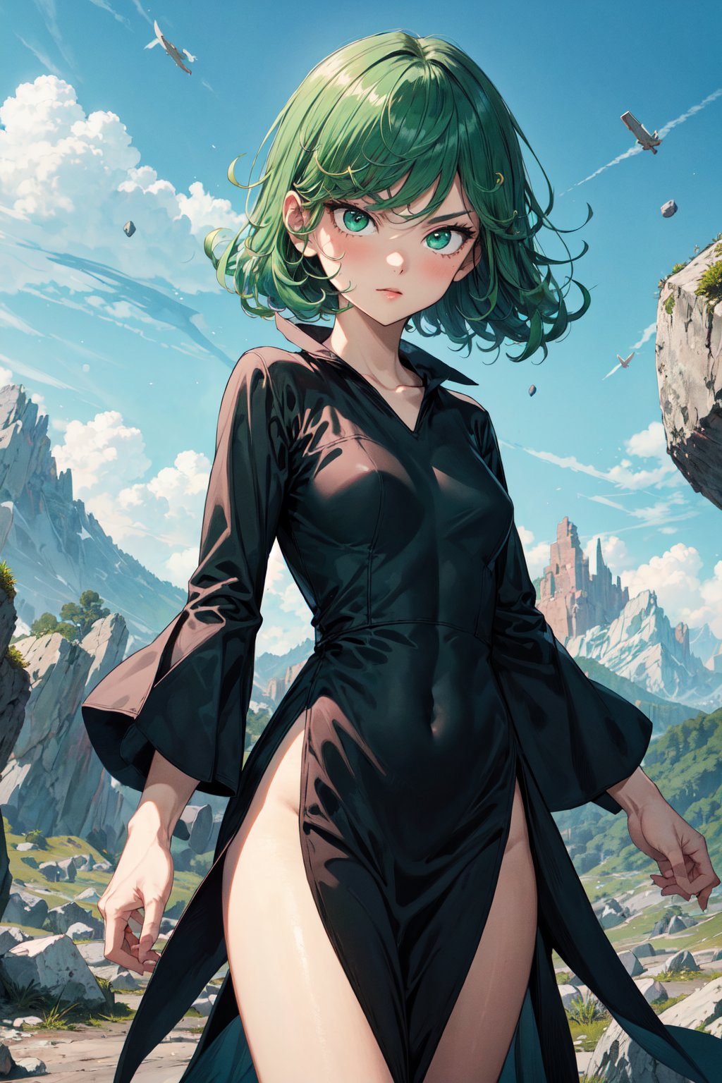 (masterpiece), best quality, high quality, expressive eyes, perfect face, looking at viewer, 1girl, solo, ((cowboy shot)), (((black dress))), long dress, green eyes, green hair, short hair, weavy hair, mountains, (flying stones), sky, tatsumaki