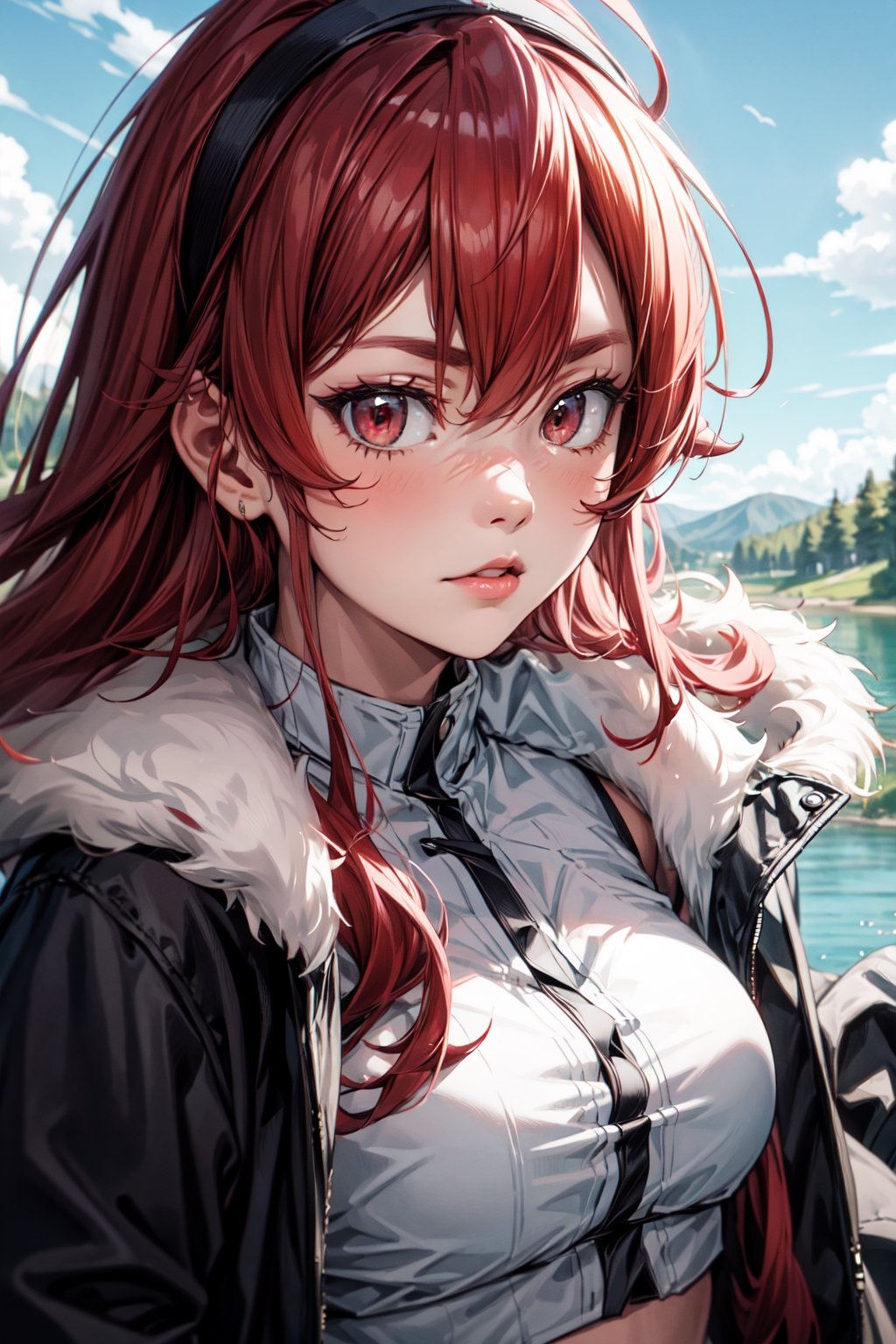 (masterpiece), best quality, expressive eyes, perfect face, (((medium close-up))), looking at viewer, erism, 1girl, solo, mature female, large breasts, red hair, long hair, ahoge, hairband, crossed bangs, hair between eyes, black hairband, sidelocks, red eyes, white shirt, fur-trimmed jacket, ((black jacket)), open jacket, coat, crop top, (lake), (sky)