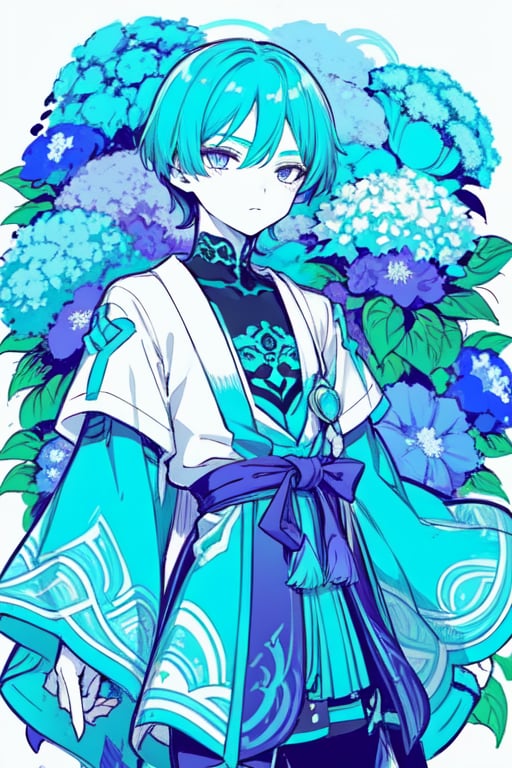 masterpiece, best quality, 1boy, flowers, blue hydrangea, flat color, lineart, abstract, ornate, turquoise theme, Monochrome,polychrome,wanderer,limited palette