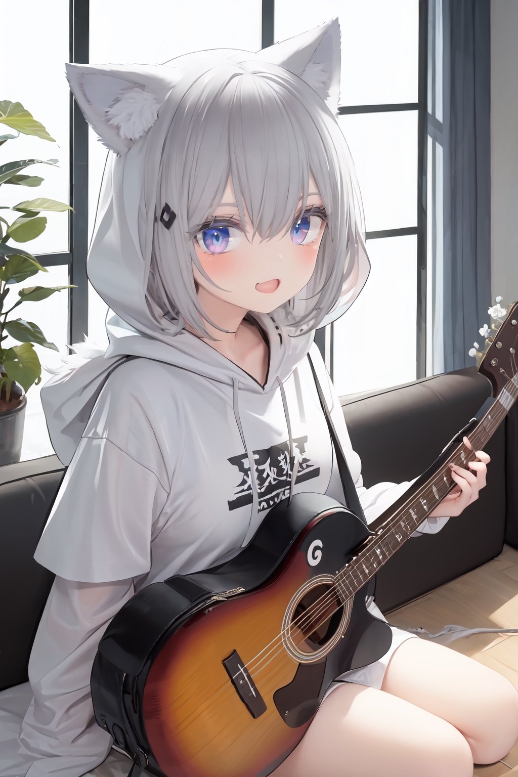 (ultra-detailed),highres,original,tabheadstyle,oimo_imoo,lapingrisstyle1,(best quality),(detailed eyes),((masterpiece)),sunlight through the window,1girl,wolf ears,acoustic_guitar,bangs,blunt_bangs,drawstring,hair_ornament,holding,hood,hood_up,hoodie,instrument,long_hair,multicolored_hair,music,open_mouth,sharp_teeth,sitting,smile,solo,