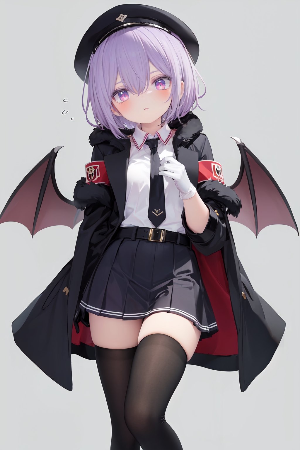 1girl, solo, hat, uniform, red eyes, remilia scarlet, military uniform, bat (animal), wings, necktie, gloves, military, alternate costume, bat wings, white gloves, belt, looking at viewer, long sleeves, boots, short hair, thighhighs, military hat, peaked cap, black necktie, adjusting clothes, hair between eyes, coat, armband, shirt, cape, black headwear, closed mouth, skirt, light purple hair, slit pupils, purple hair, black coat, thigh boots, black thighhighs