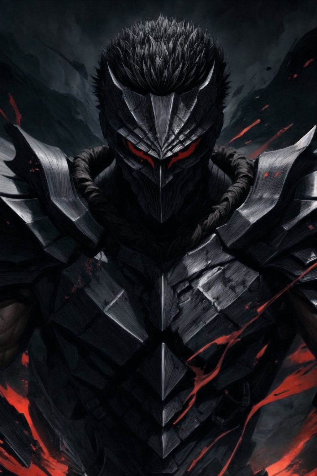 guts \(berserk\), one eye closed, manly, scar, male focus، red Aura, ((the berserker Armour)), (black armour), ((helmet)), (((red aura))), insanevoid, glowing eyes, horror \(theme\), {{detailed}}, ,one eye closed