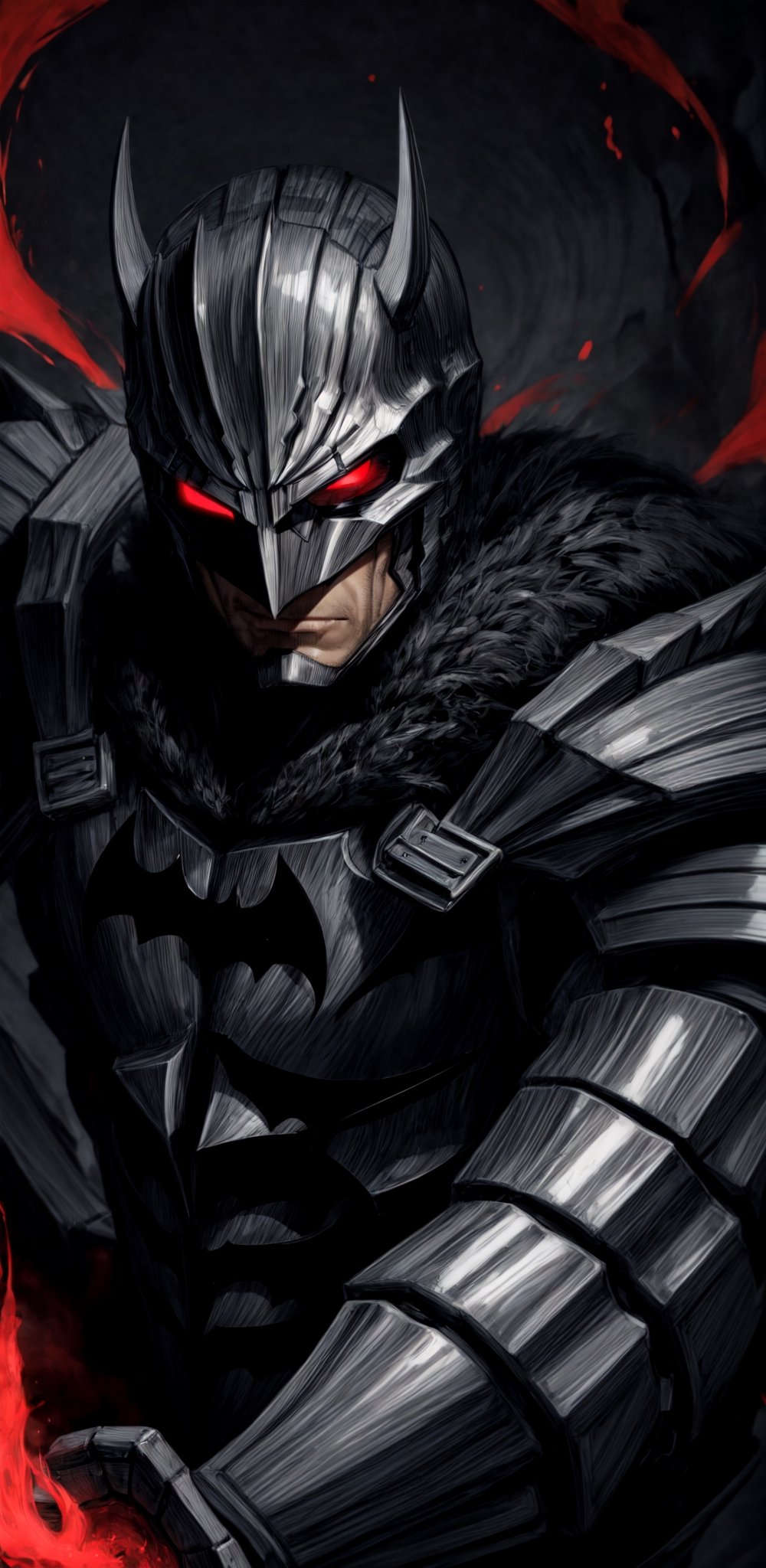 guts fused with Batman \(berserk\), one eye closed, manly, scar, male focus، red Aura, ((the berserker Armour)), (black armour), ((helmet)), (((red aura))), insanevoid, glowing eyes, \(theme\), {{detailed}},a strong pose, 