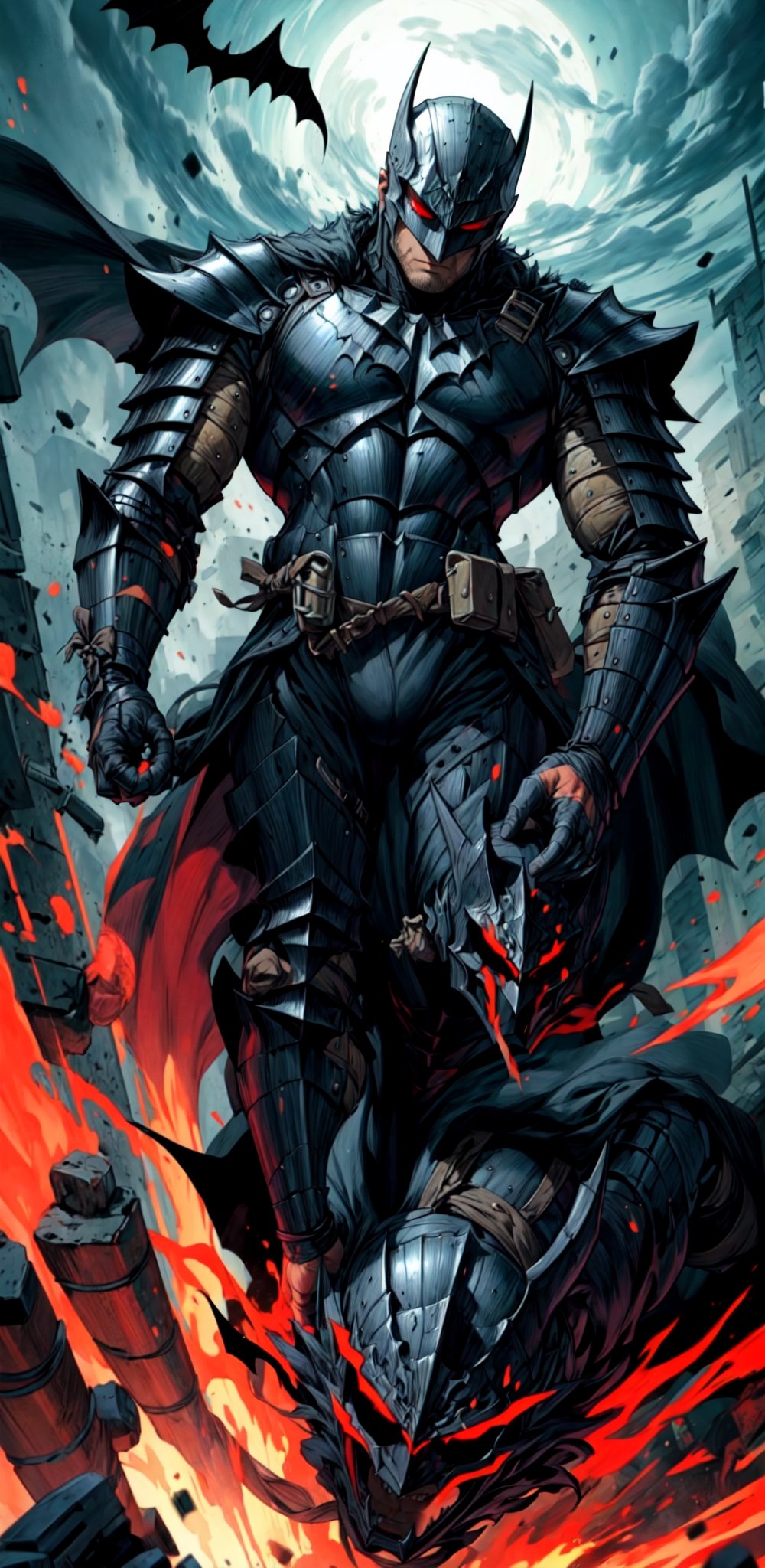 guts fused with Batman \(berserk\), one eye closed, manly, scar, male focus، red Aura, ((the berserker Armour)), (black armour), ((helmet)), (((red aura))), insanevoid, glowing eyes, \(theme\), {{detailed}},a strong pose, 1 person 