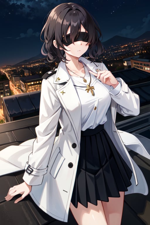 1 girl, white trench coats, pleated skirt, blindfold, necklace, random hair color, ideal breast,dynamic,night, rooftop scenery