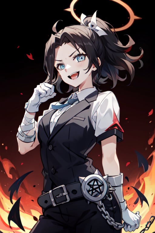 azazel(helltaker), white pants, 1girl, official style, open mouth, solo, ribbon, white shirt, angel, halo, blue eyes, white ribbon, white gloves, smile, cross, arm behind back, shirt, belt, collared shirt, black hair, short hair, blunt bangs, short sleeves, hair ribbon, looking at viewer, pants, gloves, flame background, wrapping bandages, black thighighs, demon smile, sexy pose, trident at hand