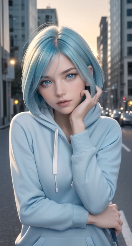 centered, masterpiece, award winning face photography, (frontal view, looking at front, facing viewer:1.2), hand on face, | 1girl, solo, aqua hair color, short hairstyle, light blue eyes, | white blue hoodie, | city lights, sunset, buildings, urban scenery, | bokeh, depth of field, | hyperealistic, analog,