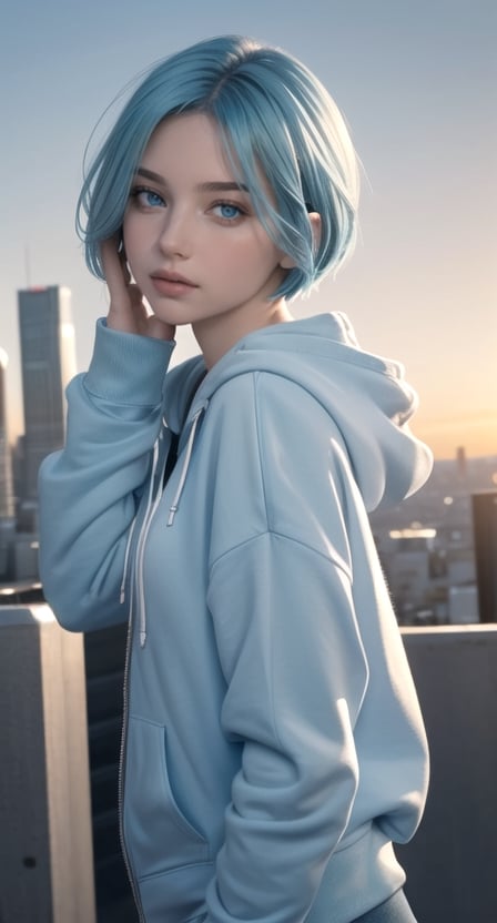 centered, masterpiece, award winning face photography, (frontal view, looking at front, facing viewer:1.2), hand on face, | 1girl, solo, aqua hair color, short hairstyle, light blue eyes, | white blue hoodie, | city lights, sunset, buildings, urban scenery, | bokeh, depth of field, | hyperealistic, analog,