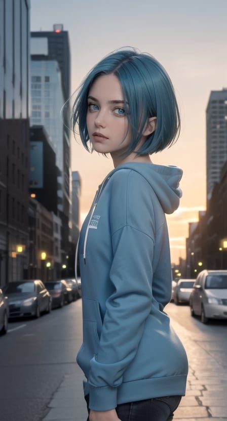 centered, masterpiece, award winning face photography, (frontal view, looking at front, facing viewer:1.2), hand on face, | 1girl, solo, aqua hair color, short hairstyle, light blue eyes, | dark blue hoodie, | city lights, sunset, buildings, urban scenery, | bokeh, depth of field, | hyperealistic, analog,