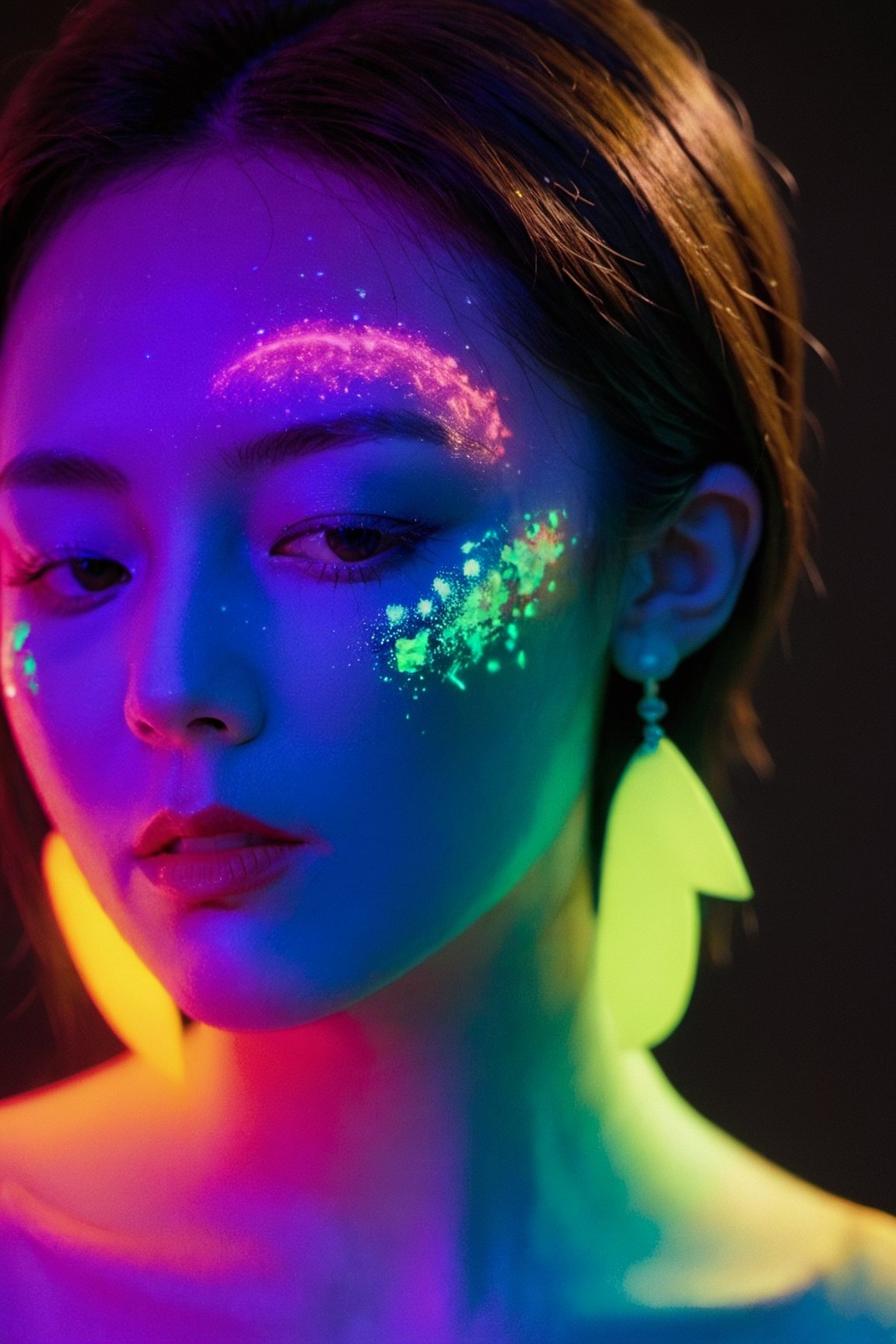 xxmix_girl, portrait of a woman with blacklight makeup, soft light, sunshine, xxmix girl woman, blacklight makeup, , , 