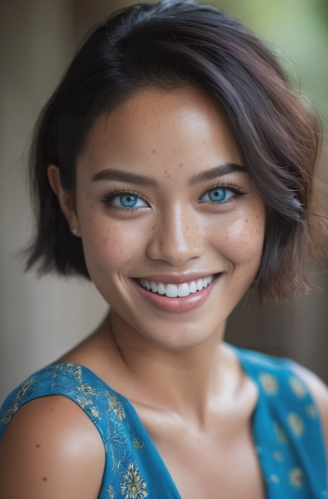 beautiful lady indonesian, (freckles), big smile, blue eyes, short hair, dark makeup, hyperdetailed photography, soft light, head and shoulders portrait, cover