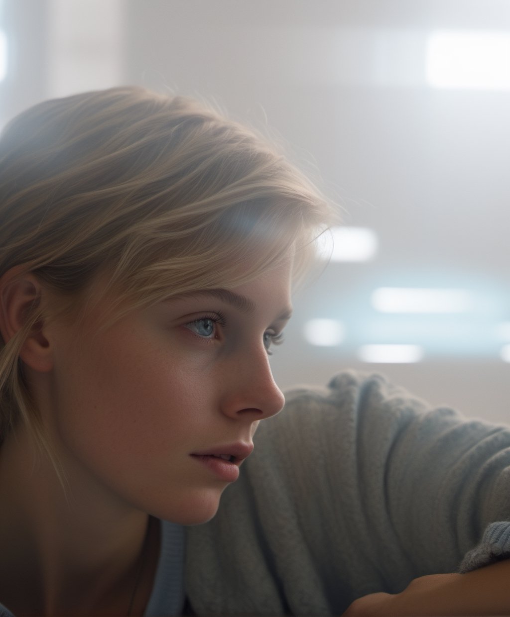  portrait of a teen girl, 18 years old, shy, introvert, short straight blonde hair, light blue background, loose outfit, high resolution, photorealistic, photo, realism, sharp photography, a photograph of, maximum detail, sharp focus, intricate details, ultra - realistic, cinematic lighting, volumetric lighting, photography, beautiful details, cinematic lighting, render, 8k, Portra 800 medium format film, 105mm SMC Takumar, 3200 dpi scan, mist, octane render, unreal engine, 8k, photorealistic, digital, detailed, extra fine details, award photo quality, photorealism, 8k, uhd, unreal engine, octane, highly realistic resolution uhd 8k octane,