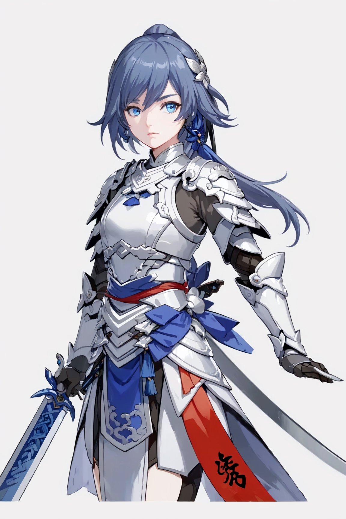 (masterpiece:1.3), (the best quality:1.2), (super fine illustrations:1.2), (Masterpiece), high quality, high detail,((white background:1.2)), looking at viewer, (SOLO:1.4),outline,,simple background, fu_hua, shoulder_armor, armor, chinese_armor, hair_between_eyes, blue_eyes, hair_bow,chinese sword,girl