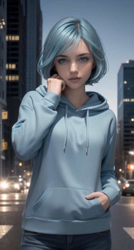 centered, masterpiece, award winning face photography, (frontal view, looking at front, facing viewer:1.2), hand on face, | 1girl, solo, aqua hair color, short hairstyle, light blue eyes, | dark blue hoodie, | city lights, sunset, buildings, urban scenery, | bokeh, depth of field, | hyperealistic, analog,