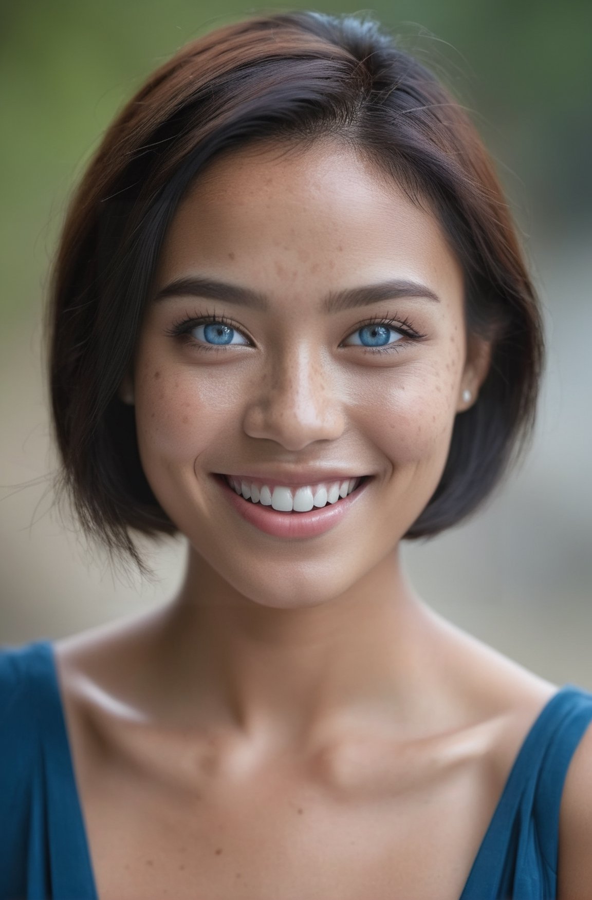 beautiful lady indonesian, (freckles), big smile, blue eyes, short hair, dark makeup, hyperdetailed photography, soft light, head and shoulders portrait, cover