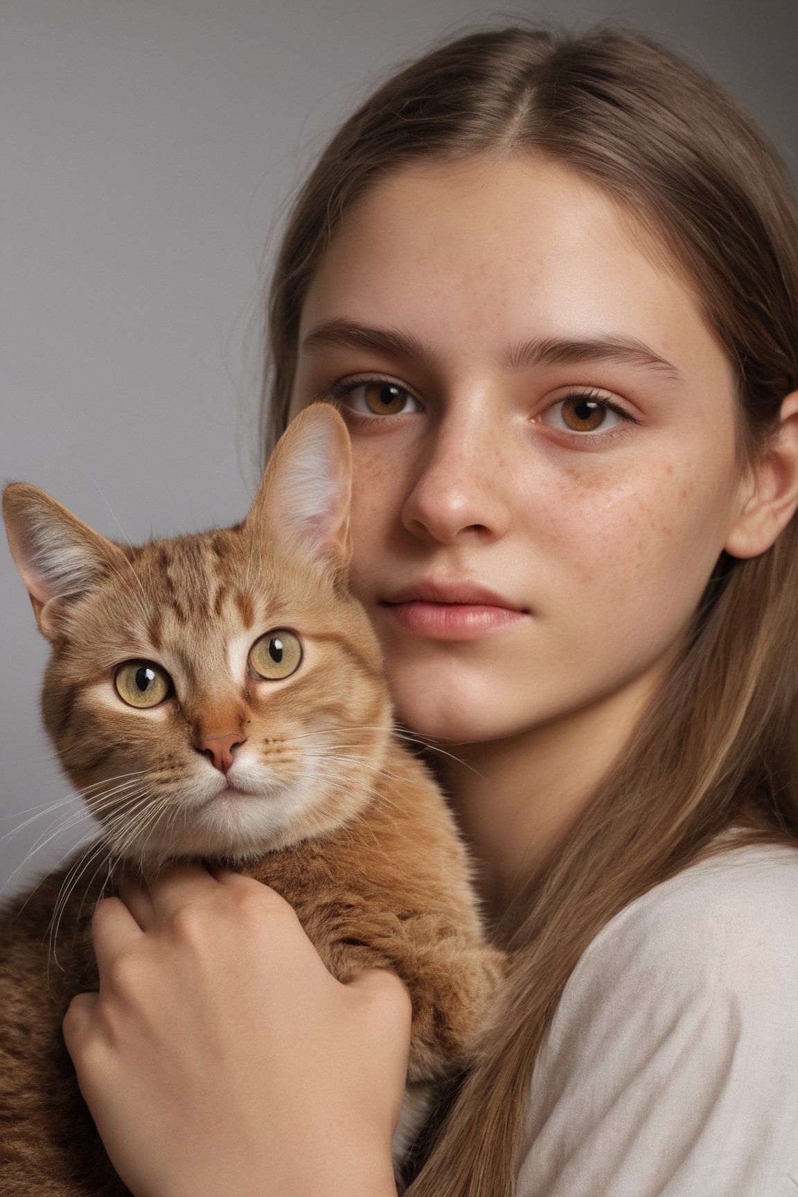 photo realistic,  masterpiece,  hyper detailed,  beautiful teenager with acne holds a cat,  chestnut,  8k uhd,  soft lighting,  looks at viewer, 