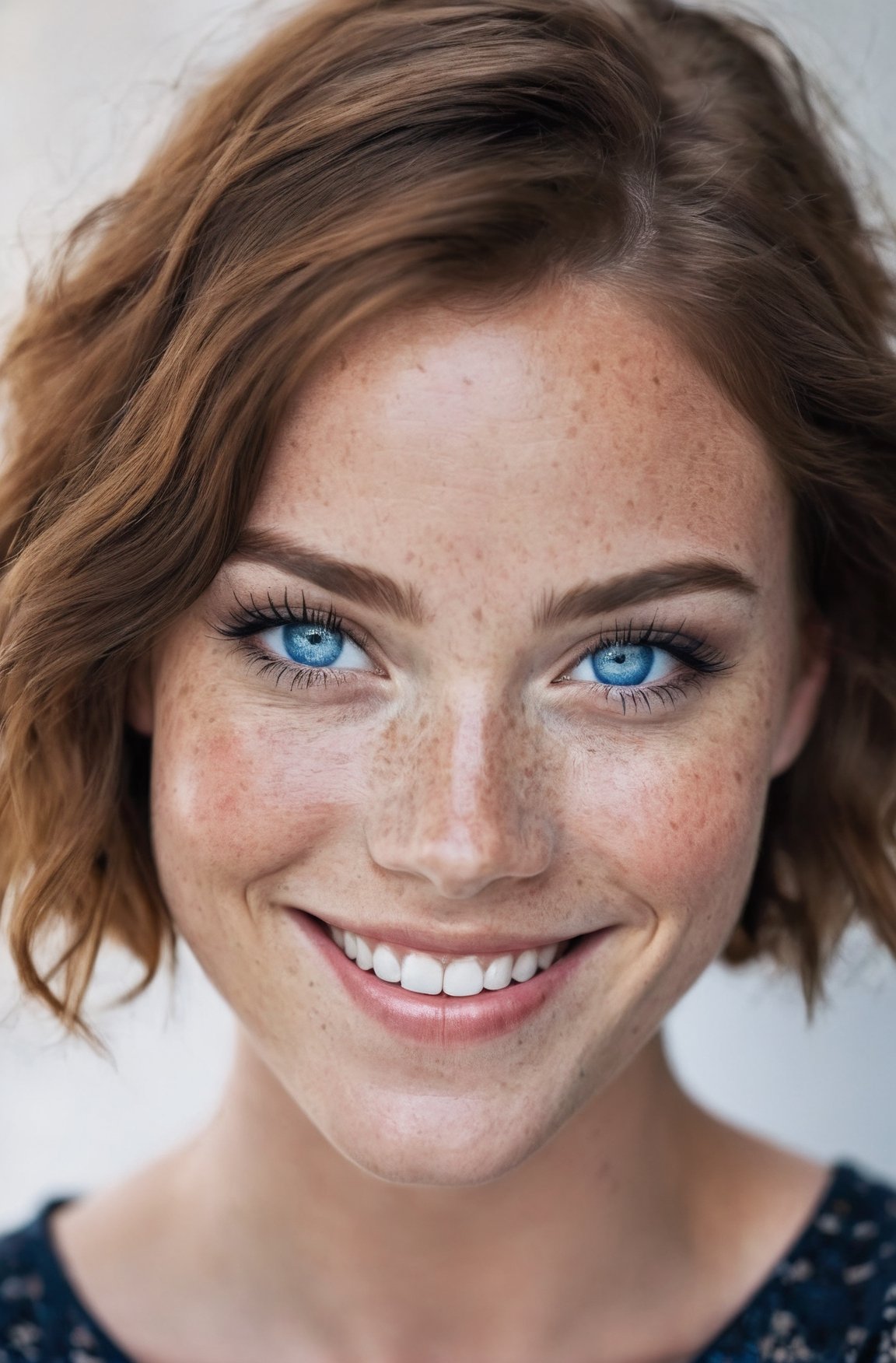 beautiful lady, (freckles), big smile, blue eyes, short hair, dark makeup, hyperdetailed photography, soft light, head and shoulders portrait, cover