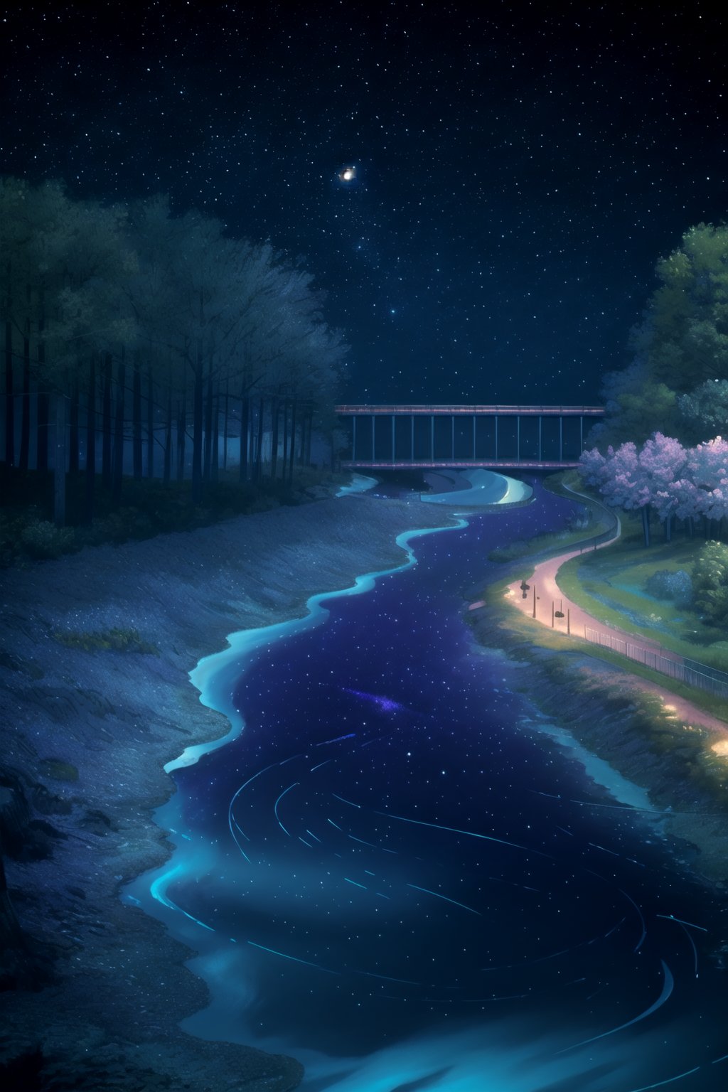 digital art, | river flow, starry night, van gogh style, vaporwave colors scheme, night time, forest, cozy lighting, |,fate/stay background,room2