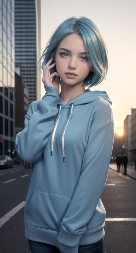 centered, masterpiece, award winning face photography, (frontal view, looking at front, facing viewer:1.2), hand on face, | 1girl, solo, aqua hair color, short hairstyle, light blue eyes, | dark blue hoodie, | city lights, sunset, buildings, urban scenery, | bokeh, depth of field, | hyperealistic, analog,