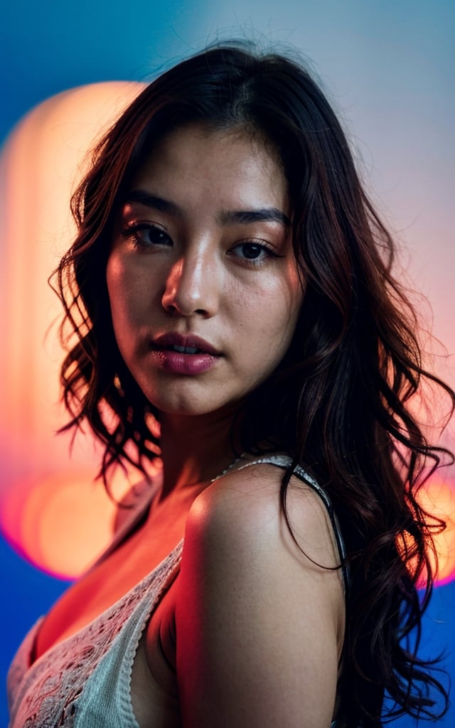 raw photo, photograph, intricate, photo of beautiful korean woman, wavy hair, skin texture, pores, in backlight red and blue background, cinematic,