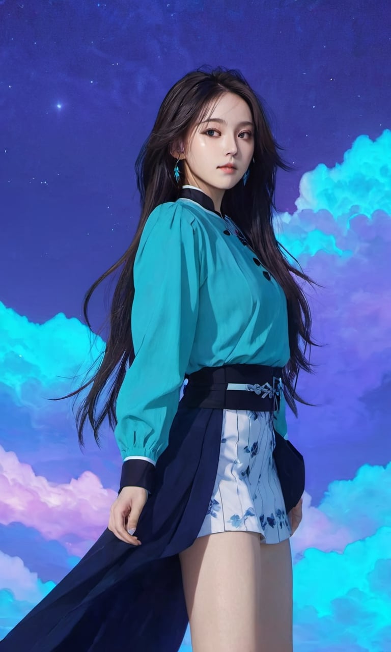 xxmixgirl, (masterpiece:1.0), (highest quality:1.12), (HDR:1.0), a girl with long hair looking at viewer, with a teal background and a indigo sky, constant, vaporwave colors, a character portrait, synchronization, detailed, realistic, 8k uhd, high quality