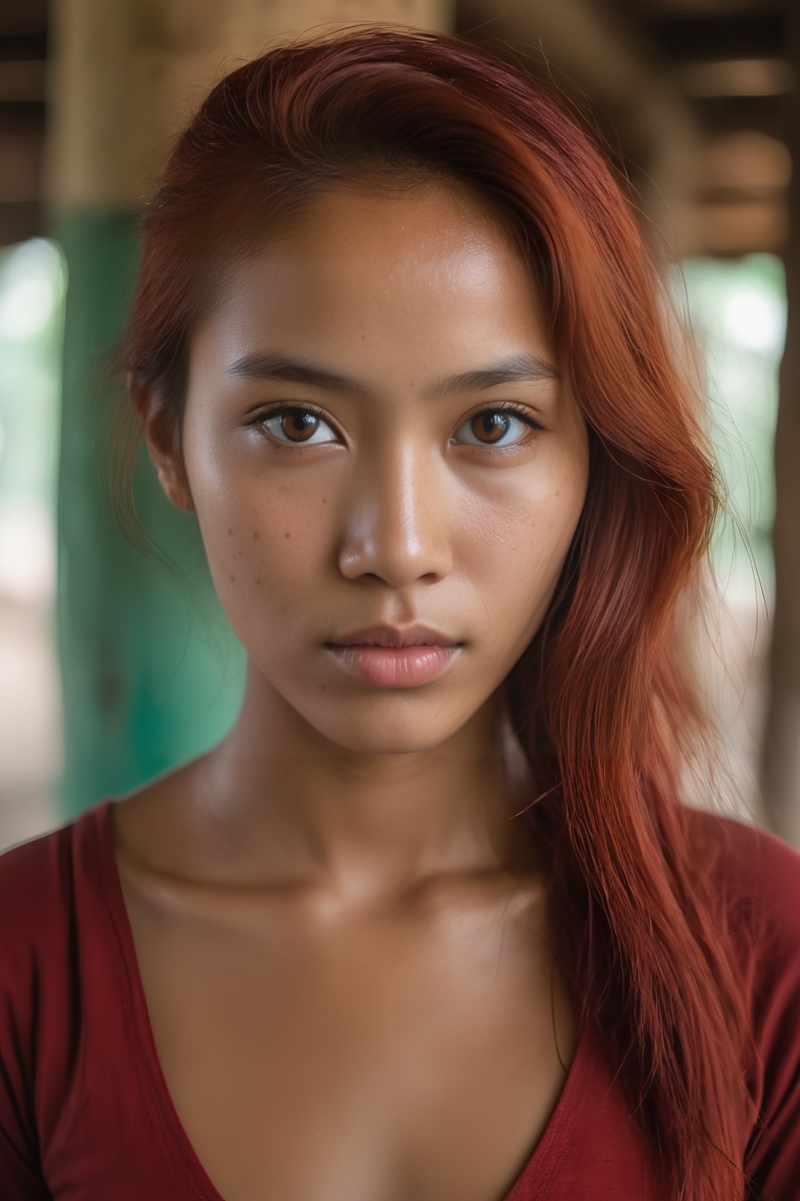 Portrait Photo a portrait,  hyperdetailed indonesian photography,  by Elizabeth Polunin,  red haired young indonesian woman,  brooklyn,  looking straight to camera,  sweaty,  olya bossak,  nepal,  very accurate photo,  suspiria