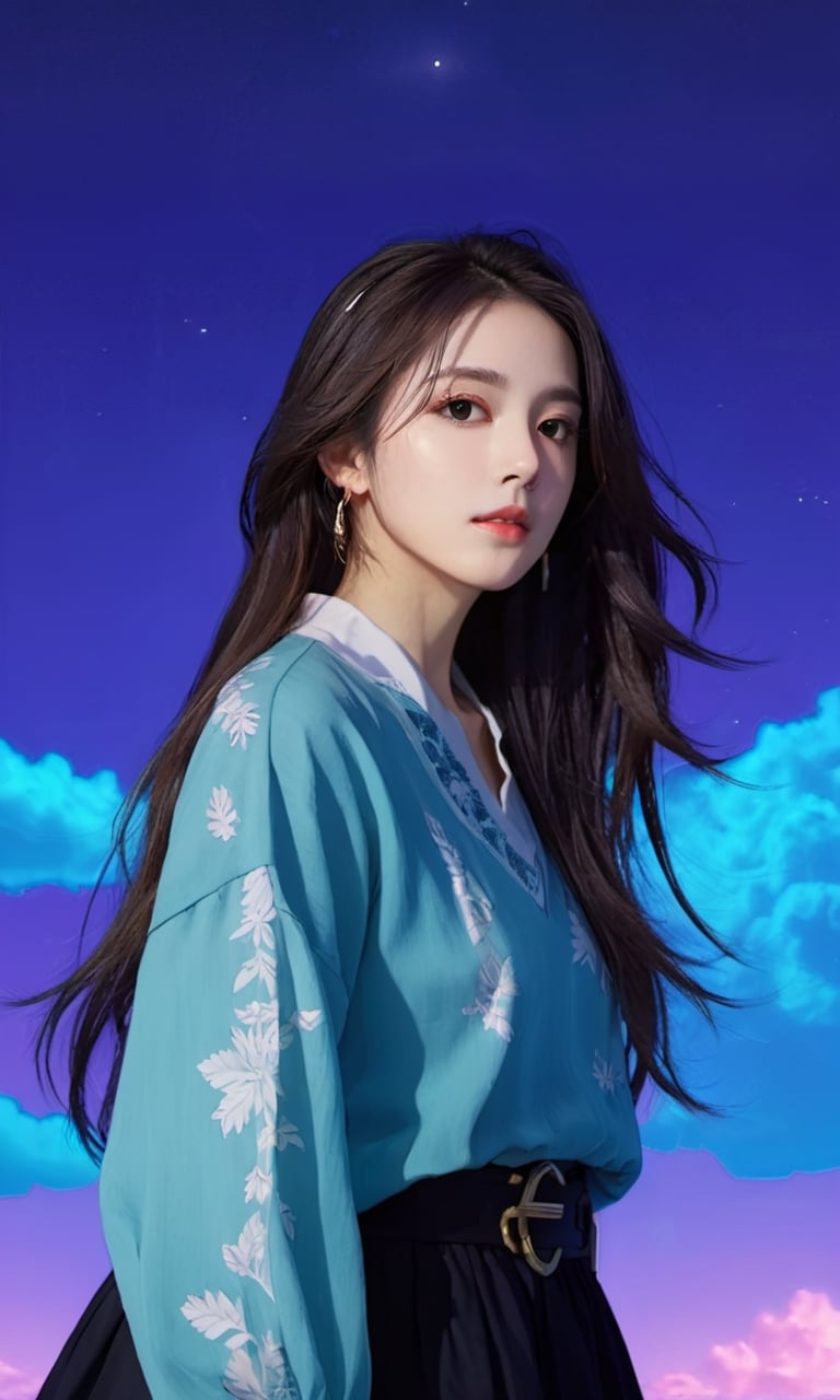 xxmixgirl, (masterpiece:1.0), (highest quality:1.12), (HDR:1.0), a girl with long hair looking at viewer, with a teal background and a indigo sky, constant, vaporwave colors, a character portrait, synchronization, detailed, realistic, 8k uhd, high quality