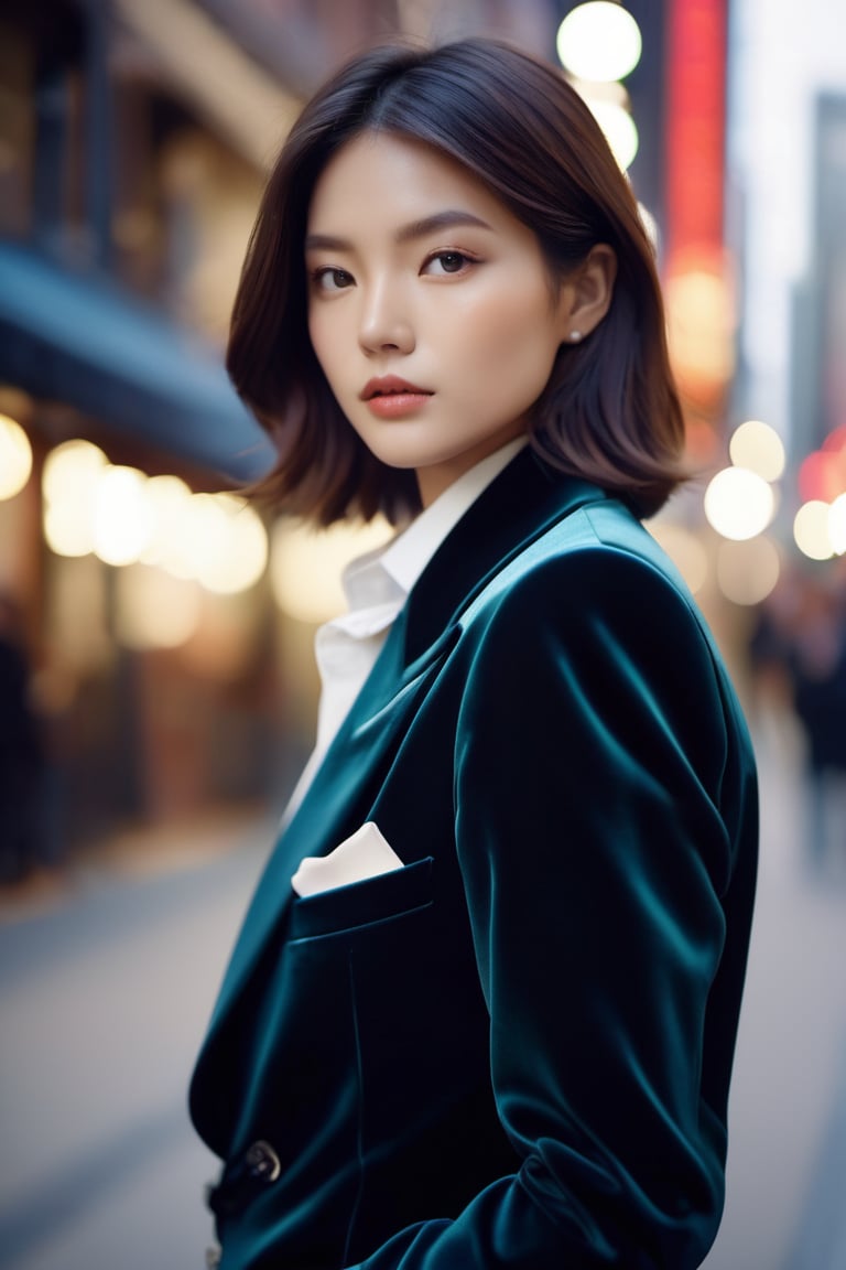 cinematic photo futuristic style , sleek, modern, ultramodern, high tech, detailed, Lomography X-Pro 200, Ralph Lauren velvet blazer with a satin lapel and pocket square, storytelling composition, Givenchy (纪梵希), girl, 1girl, solo . 35mm photograph, film, bokeh, professional, 4k, highly detailed