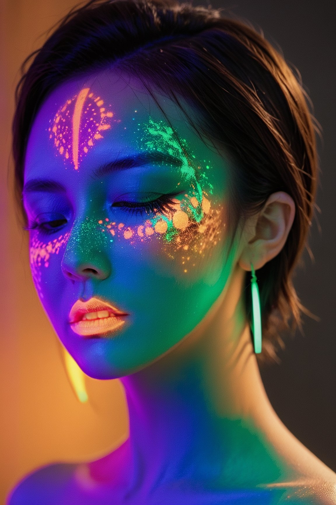 xxmix_girl, portrait of a woman with blacklight makeup, soft light, sunshine, xxmix girl woman, blacklight makeup, , , ,detailmaster2