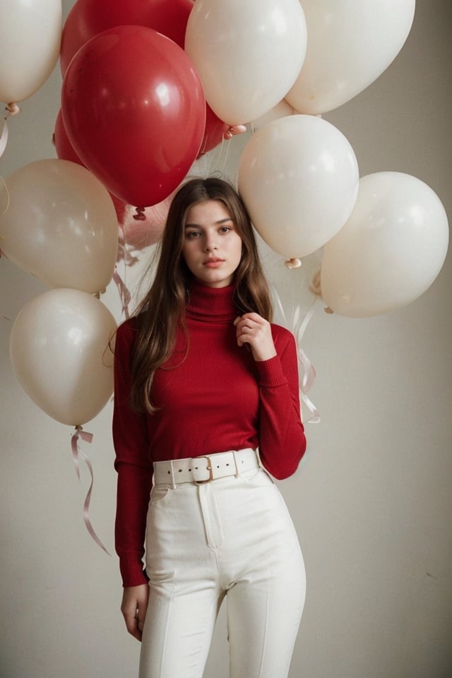 fashion portrait photo of beautiful young woman from the 60s wearing a red turtleneck standing in the middle of a ton of white balloons, taken on a hasselblad medium format camera