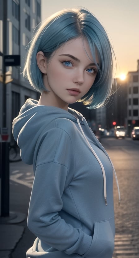 centered, masterpiece, award winning face photography, (frontal view, looking at front, facing viewer:1.2), hand on face, | 1girl, solo, aqua hair color, short hairstyle, light blue eyes, | dark blue hoodie, | city lights, sunset, buildings, urban scenery, | bokeh, depth of field, | hyperealistic, analog,