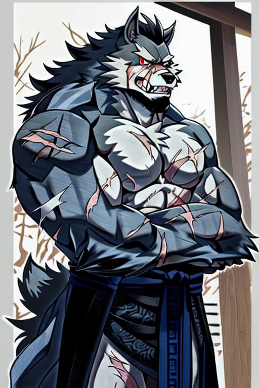 A handsome werewolf, wearing a samurai suit and an open coat, has many scars and wounds, and wears a Tatsu Yamashiro around his waist.