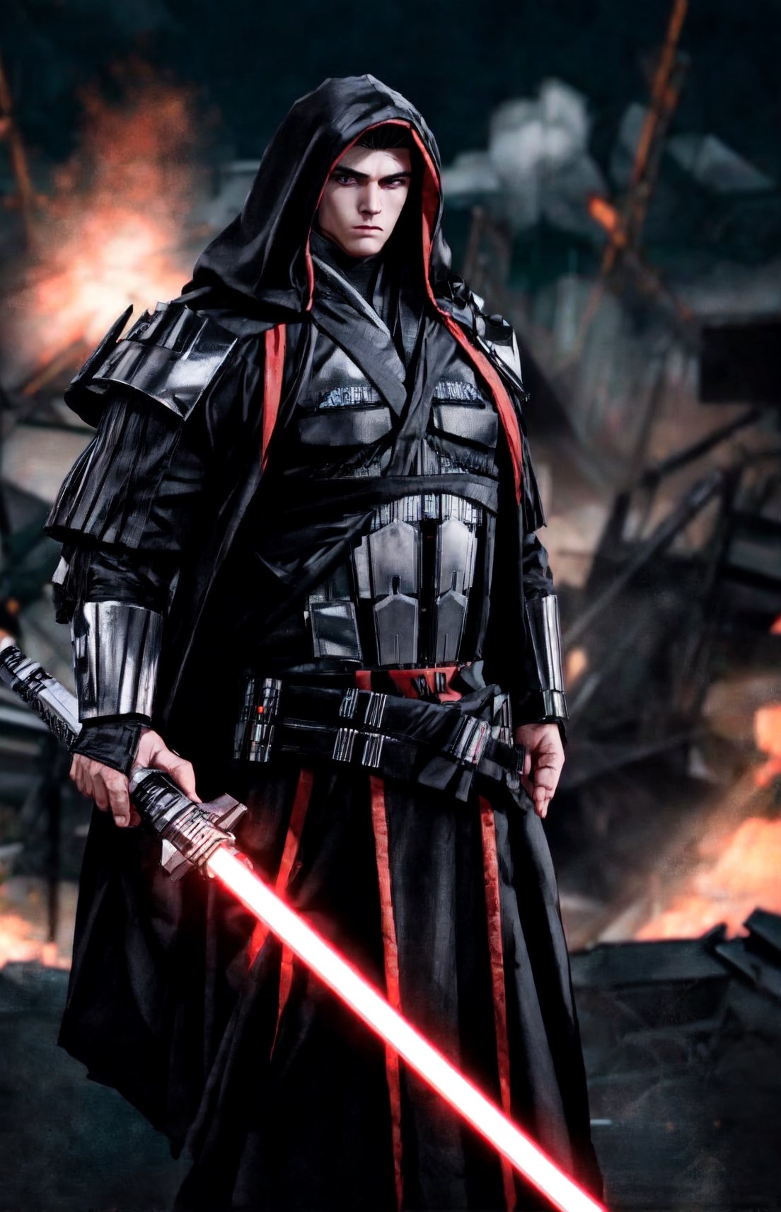 Large man in Sith gear holding a black lightsaber, destruction,complex_background,muscular_body.,b33rb3lly,perfecteyes eyes