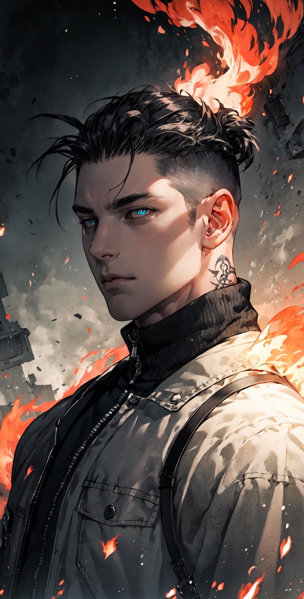 Omnipotent being with fiery eyes,dilf,undercut,tattoos,portrait,destruction,complex_background.
