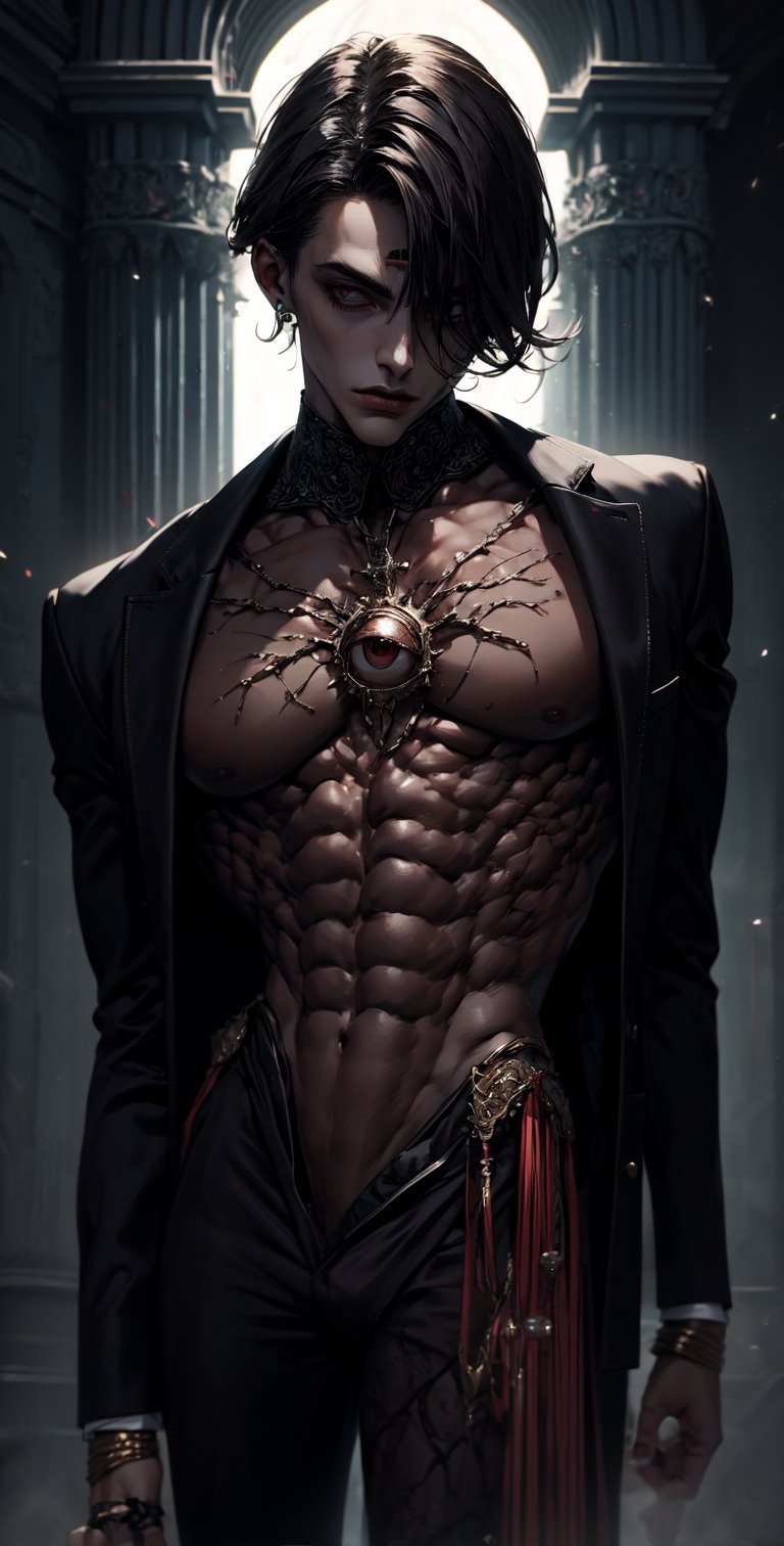 A crooked man in his black suit,the skin of his chest being removed showing muscle,1male,muscular_body,sthoutfit,DonMDj1nnM4g1cXL ,demonic third eye,niji