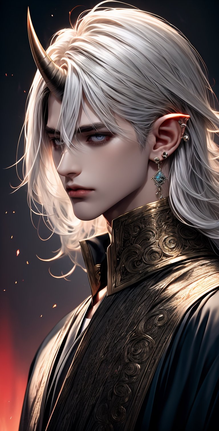 solo, long hair, 1boy, hair between eyes, jewelry, closed mouth, white hair, male focus, earrings, curled_horns, pointy ears, lips, grey eyes, piercing, ear piercing, portrait, androgynous,portrait