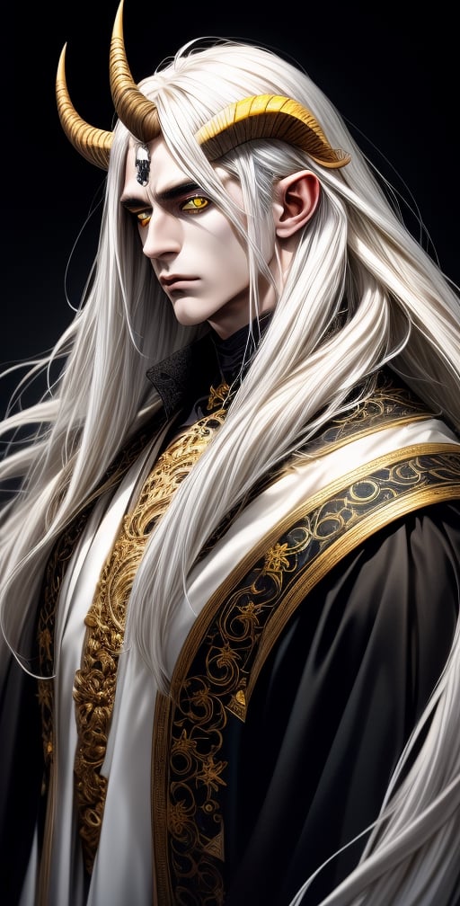 solo, long hair, looking at viewer, 1boy, yellow eyes, upper body, white hair, male focus, horns, artist name, portrait, colored sclera, black sclera