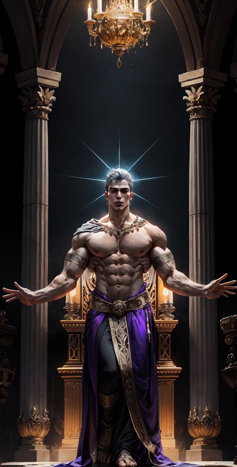 A mighty deity descends from a radiant sky, surrounded by a halo of shimmering light. The divine being stands tall, arms outstretched and eyes blazing with ancient wisdom. A regal throne rises behind, adorned with gleaming gems and ornate carvings. The background is a deep, foreboding purple, accentuating the god's ethereal presence,better_scar.,better_scar,black eye_liner, Pectorals Focus,large_pectorals,beefcake,muscular_body,glowing_bits,eye_glow,Pectoral Focus,luminescence,grey_hair,hourglass_figure,soft lips.