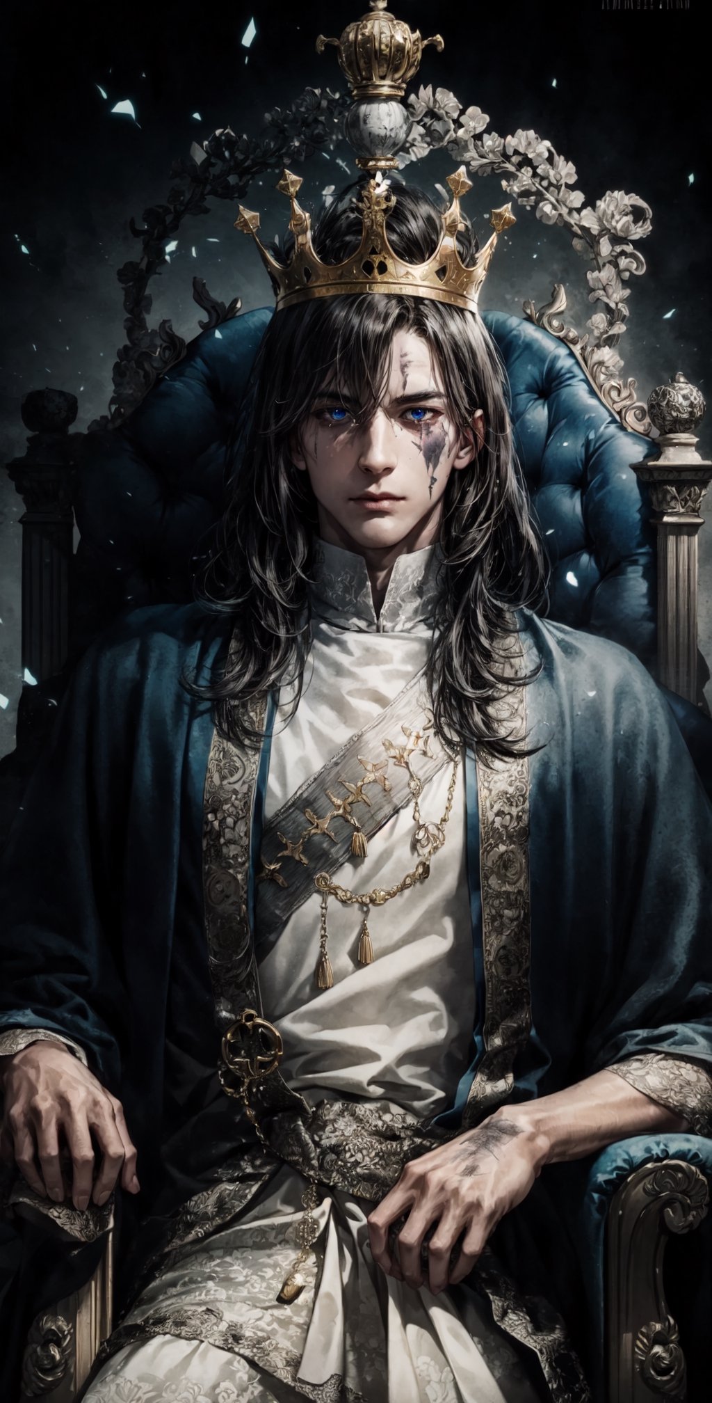 A king wearing black as he sits on his throne,lit up eyes,eye_glow, neutral expression,scarred face,bigger_male.