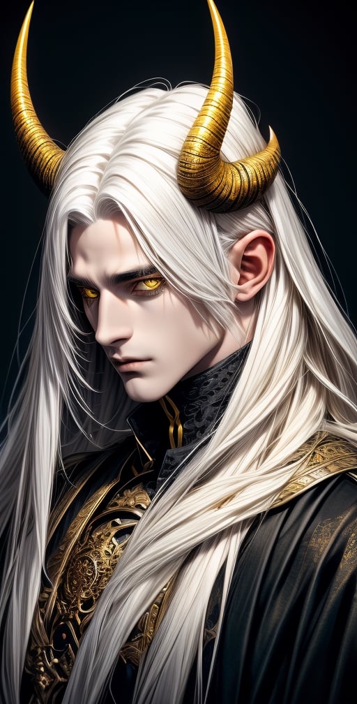 solo, long hair, looking at viewer, 1boy, yellow eyes, upper body, white hair, male focus, horns, artist name, portrait, colored sclera, black sclera