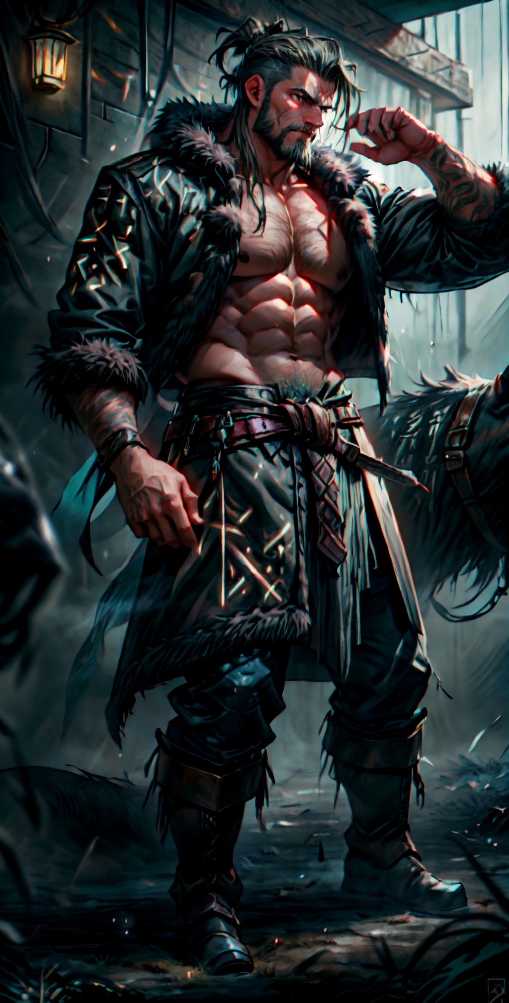 Viking king standing with his massive wolf wearing a furcoat, facial_hair,GlowingRunes_ on arms and chest,muscular_body,cloth around waist and fur boots, neutral expression, long_hair, braided_hair,undercut,gray_hair.