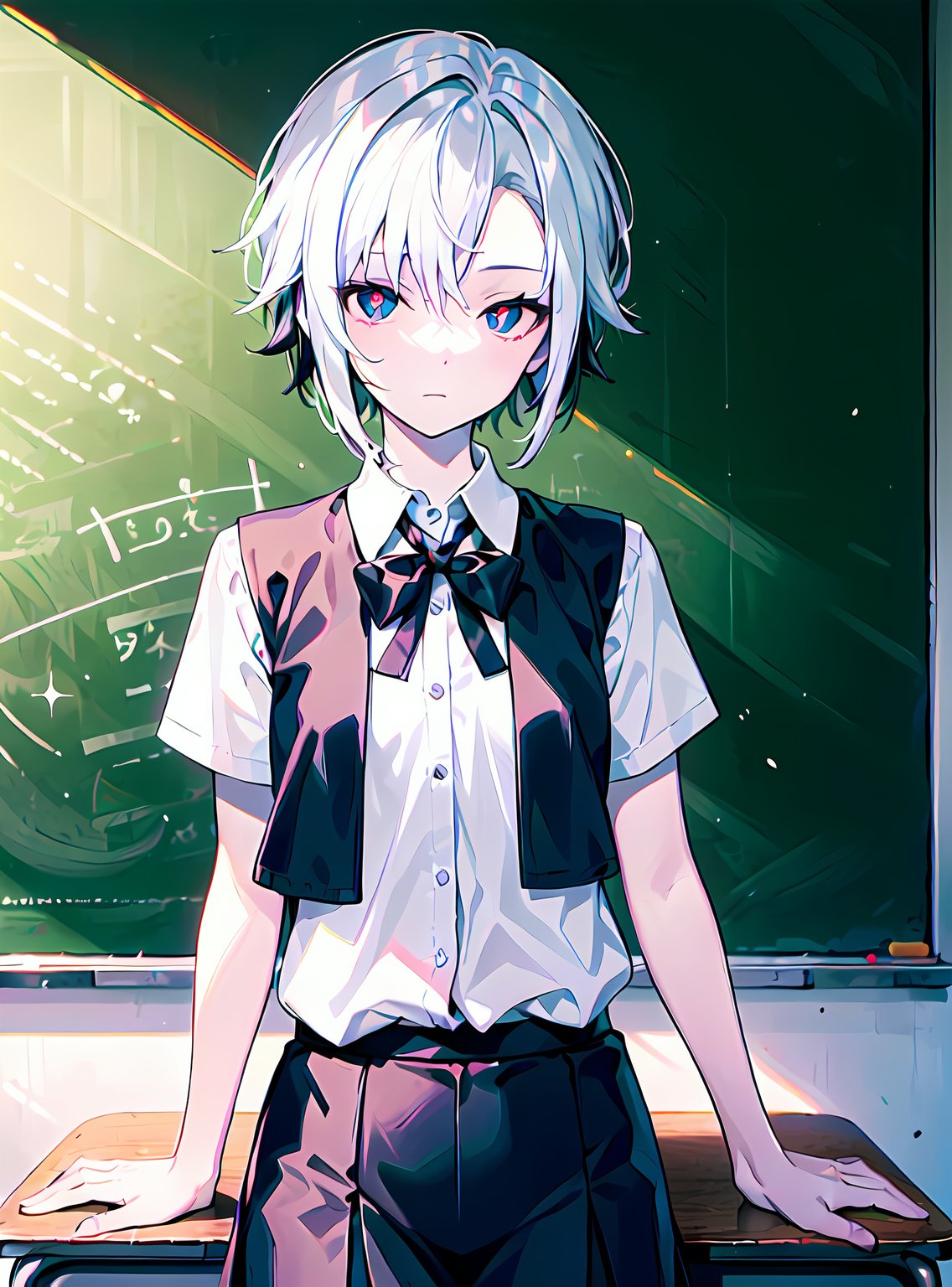 ((female)), (solo:1.2), ((masterpiece)), ((pale skin)), ((detailed eyes)), (bokeh effect), (dynamic angle), dynamic pose, white hair, black hair, gradient hair, short hair, interior, (x-shaped pupils), (teacher(, (classroom), in front of the blackboard