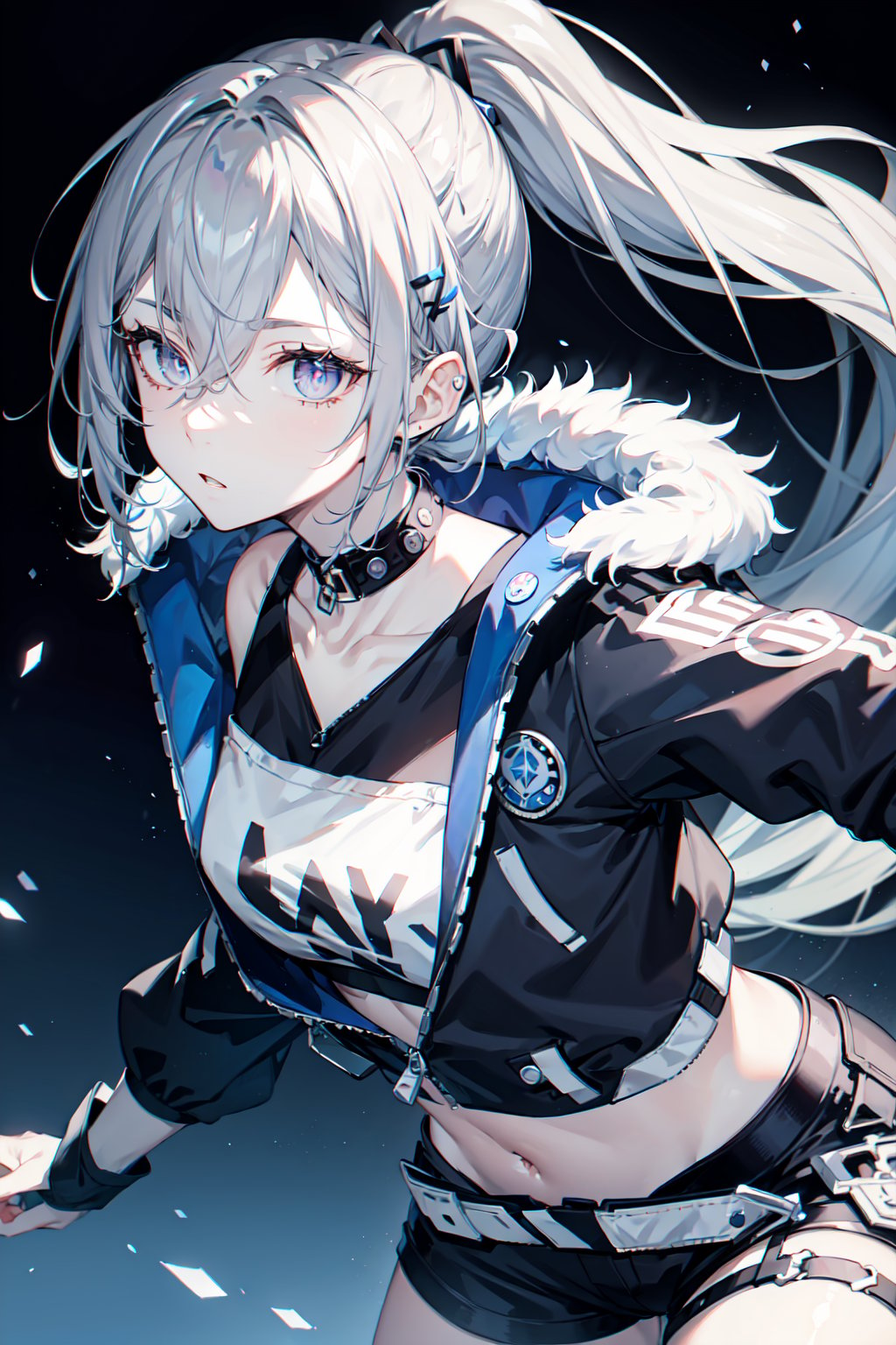 ((female)), (solo:1.2), ((masterpiece)), ((pale skin)), ((detailed eyes)), (bokeh effect), (dynamic angle), dynamic pose, silver hair, ponytail, zip-up jacket