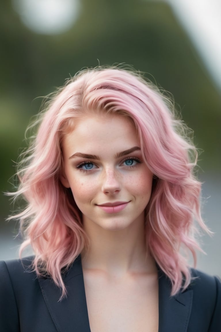 Raw photo, amature photograph, realistic lighting, a girl aged 18, named MISTY, medium pink pastel hair, long hair, detailed face, detailed nose, cleavage, smirk, freckles, round face,1girl, bashfull, skinny, pants suit